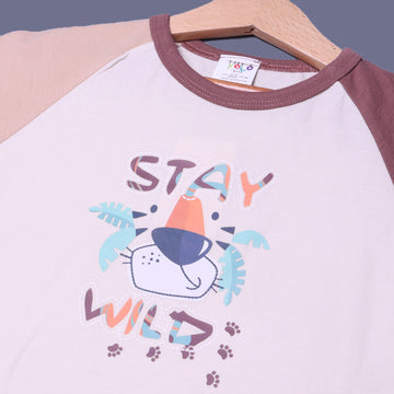 BROWN & CREAM SLEEVES STAY WILD PRINTED HALF SLEEVES T-SHIRT